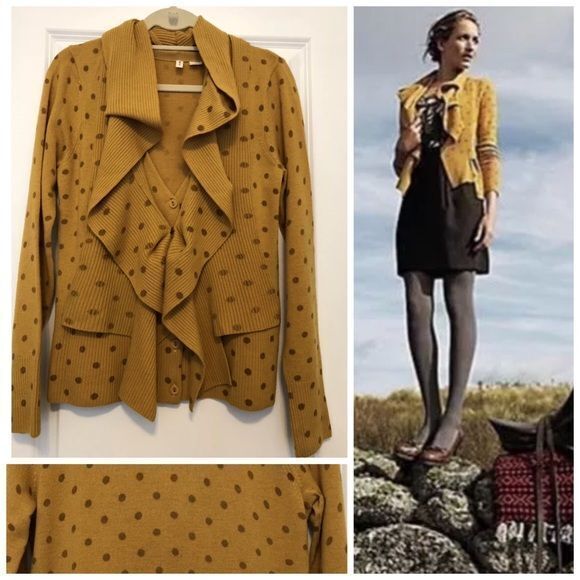 Anthropologie Moth Van Wrinkle Ruffle Neck Yellow Wool Polka Dot Cardigan Size L - Picture 1 of 12